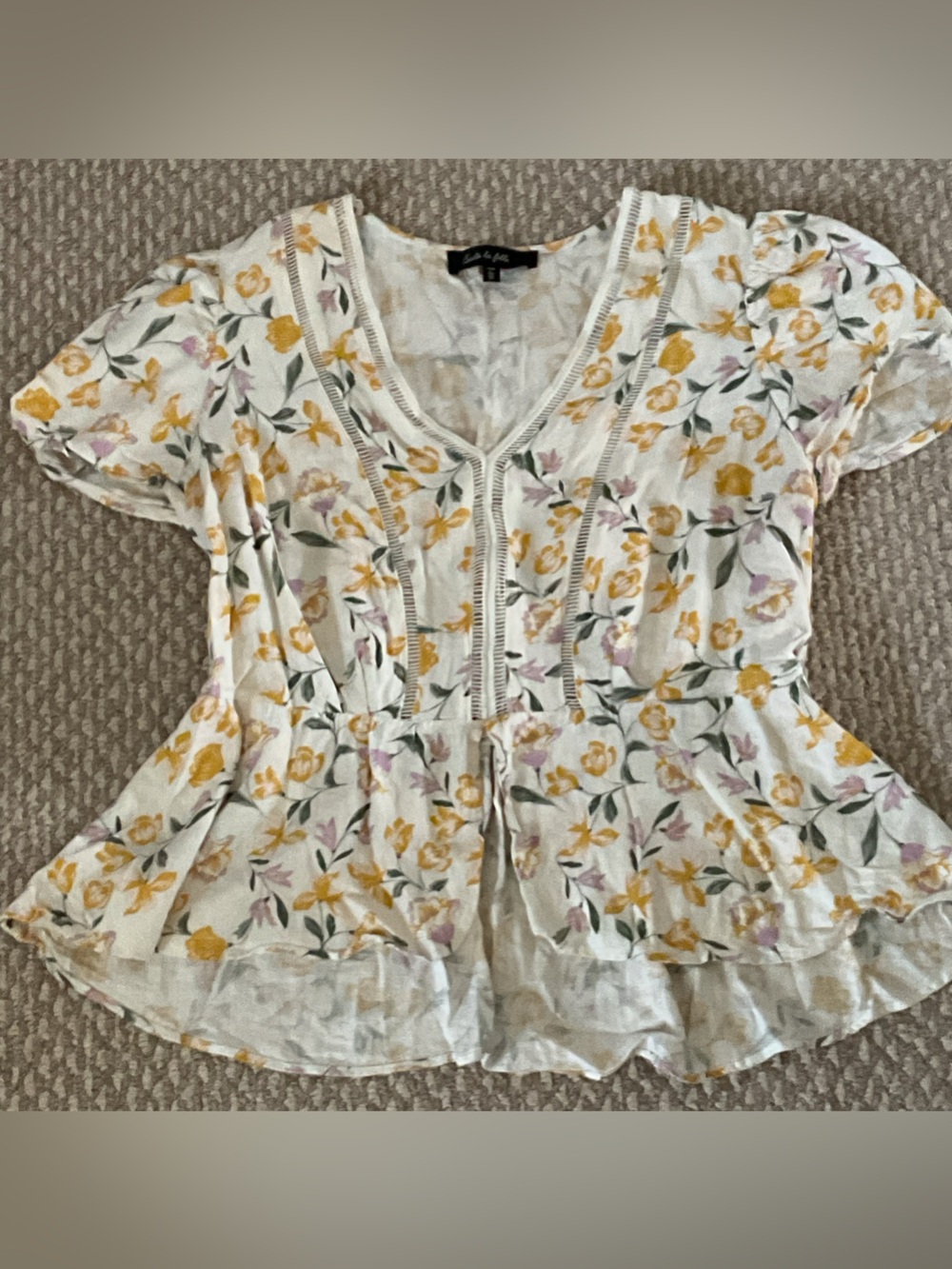 Floral Lace-Trim Peplum Blouse - White with Yellow & Pink Flowers
